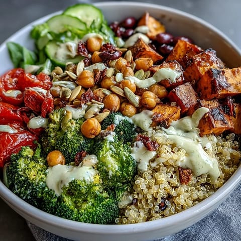 A colorful bowl of Meal Prep Week-Long Power Bowl featuring roasted broccoli, fresh tomatoes, black beans, and crunchy almonds.