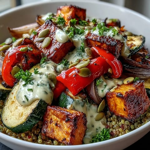 A warm bowl of Lentil Power Bowl topped with creamy tahini dressing and fresh parsley.