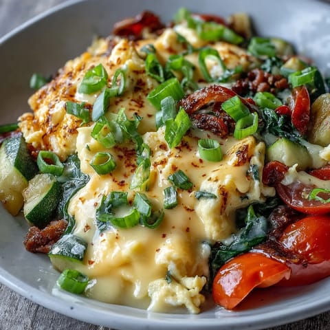 A close-up of a Scrambled Egg and Veggie Bowl, featuring soft scrambled eggs, diced red bell peppers, and zucchini with melted cheddar.