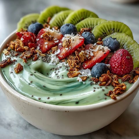 Earthy roasted green tea Hojicha Smoothie Bowl with sliced bananas and crunchy granola in a ceramic bowl.