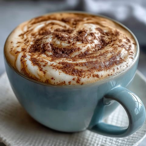 A freshly made Hojicha Cappuccino with creamy froth and a sprinkle of matcha powder.