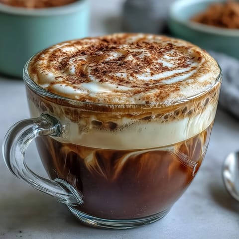 Creamy Hojicha Macchiato with a rich roasted green tea base and velvety steamed milk foam.