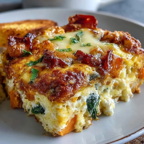 Freshly baked Easy Sweet Potato Egg Casserole slices reveal fluffy eggs, sweet potatoes, and red bell peppers.