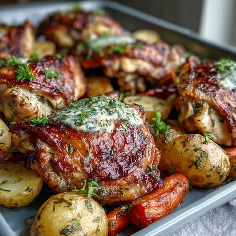 Golden, crispy-skinned Crispy Ranch Sheet Pan Chicken & Veggies fresh from the oven on a dark tray. 