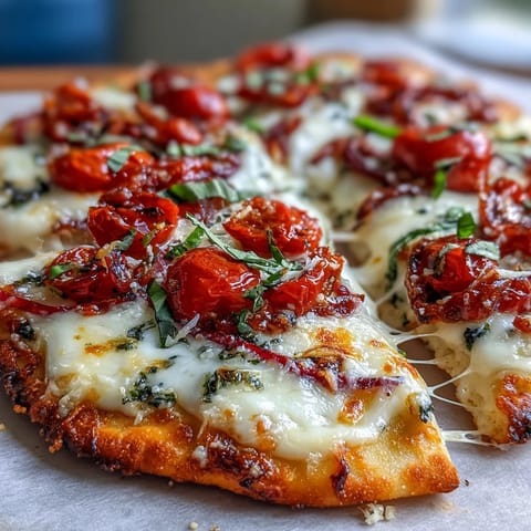Close-up of a Crispy Garlic Parmesan Naan Pizza slice revealing bubbling cheese and a brushed garlic butter edge on the naan.
