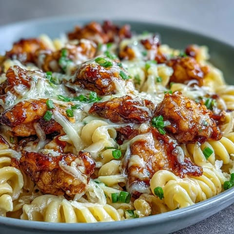 Creamy macaroni and tender BBQ chicken bites garnished with parsley, served hot as a family-friendly one-pan weeknight dinner.