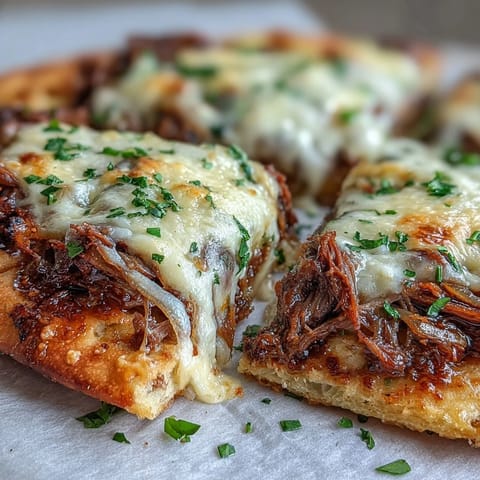 Fork-tender Slow Cooker Beef & Garlic Naan Melt stacked high with melty mozzarella and onions, served steaming hot on a rustic wooden board.
