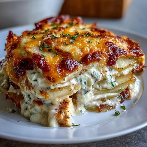A close-up of Creamy Ranch Chicken Potato Bake reveals creamy sauce and sliced potatoes in a family-style casserole dish.