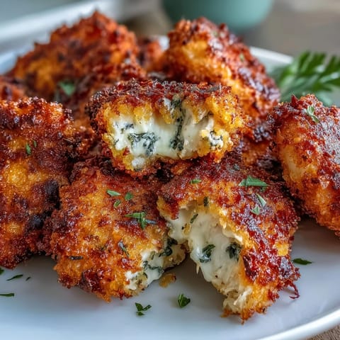 Golden-baked Asiago Panko Chicken Bites rest on a rustic wooden board beside a small bowl of marinara sauce.