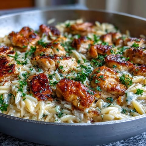 Spoonful of cheesy One-Pot Creamy Garlic Parmesan Chicken Orzo being lifted from a skillet, steam rising.