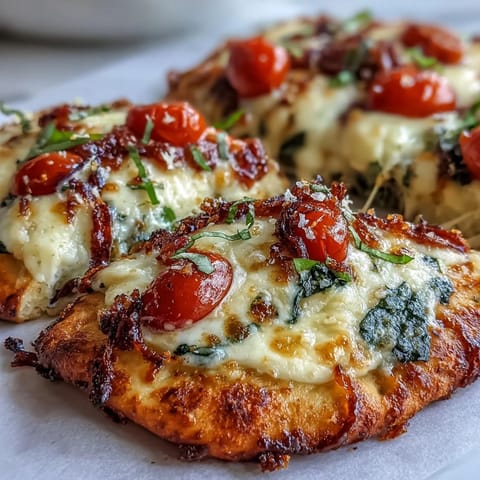 Freshly baked Crispy Garlic Parmesan Naan Pizza on a baking sheet, golden edges and bubbly mozzarella with cherry tomatoes.