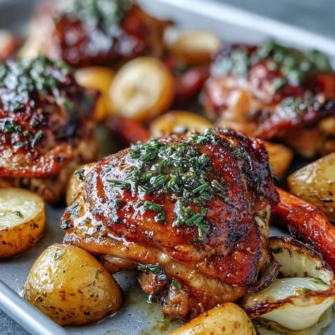 Juicy ranch-seasoned chicken thighs bake over tender potatoes and sweet carrots, creating an easy weeknight dinner on one tray.