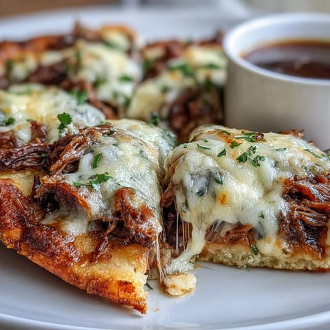 A hand holds a warm Slow Cooker Beef & Garlic Naan Melt, melted mozzarella and provolone dripping from the fluffy, garlic-butter brushed naan bread.
