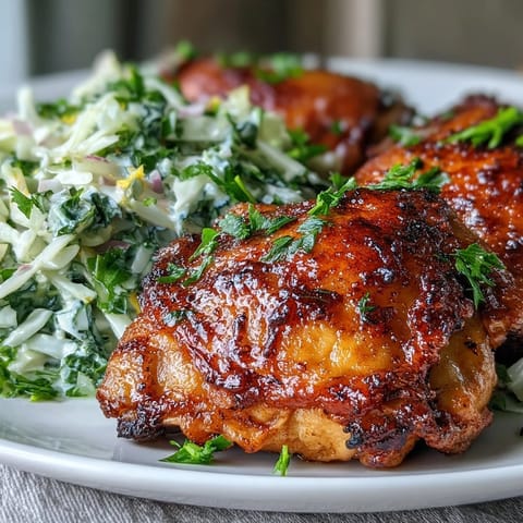 Golden-brown Keto Crispy Chicken Thighs with Lemon Butter Cabbage Slaw garnished with fresh parsley.