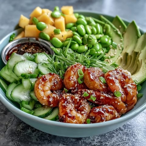 Close-up of a 20-Minute Shrimp Poke Bowl with Mango and Edamame garnished with edamame and sesame seeds.