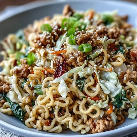 Glossy soy-sesame sauce coats ramen noodles in this Creamy Potsticker Noodle Stir-Fry, garnished with scallions and toasted sesame seeds for extra crunch.
