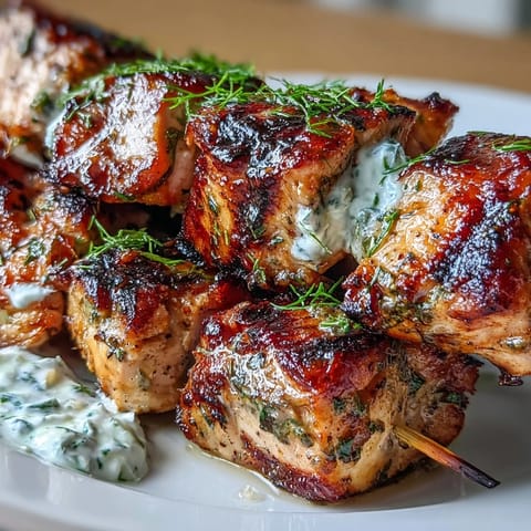 Juicy lemon herb chicken skewers grilled to perfection, served with creamy homemade tzatziki sauce for a fresh Mediterranean meal.  