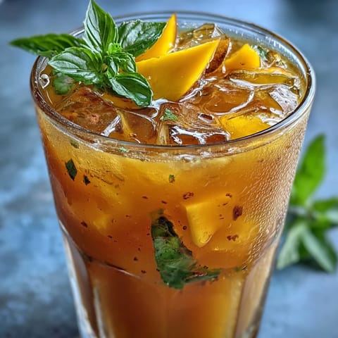 Refreshing mango iced tea with ripe mango puree and black tea, served over ice with a hint of honey.