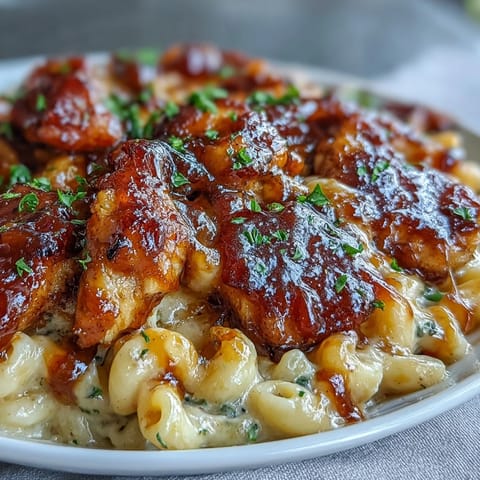 A sizzling skillet of honey BBQ chicken pasta with creamy cheddar and tender macaroni, topped with green onions for freshness.
