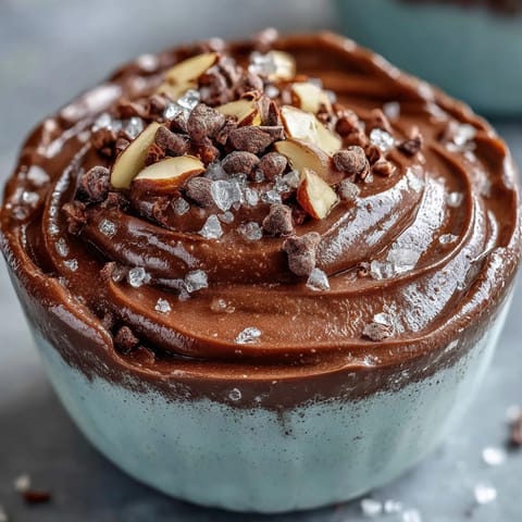 Decadent vegan chocolate avocado mousse cups topped with crunchy cacao nibs and a sprinkle of flaky sea salt for texture.