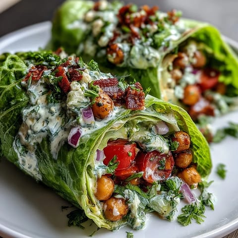 Crisp lettuce shells filled with protein-packed chickpea and avocado salad, topped with juicy tomatoes and fresh herbs for a refreshing vegan meal.  