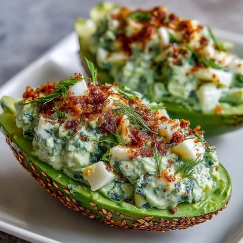 Fresh keto avocado egg salad lettuce boats topped with everything bagel crunch for a healthy low-carb lunch.  