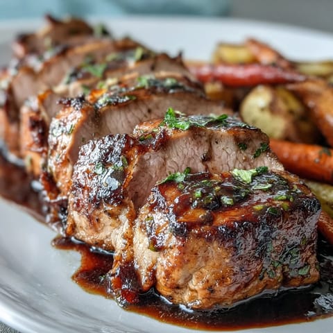 Succulent pork tenderloin with a sweet and tangy honey balsamic glaze, surrounded by colorful roasted rainbow carrots.