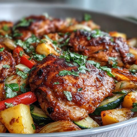 Spicy and sweet baked chicken breasts with chili marinade, served over tender roasted vegetables and fresh mango.  