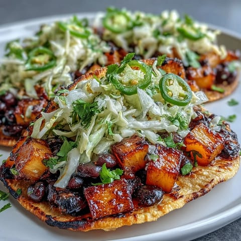 Vibrant pineapple black bean tacos topped with creamy coconut lime slaw and fresh cilantro for a tropical vegan meal.