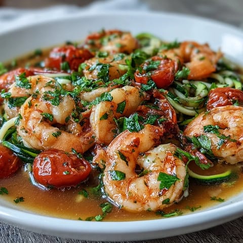 Zucchini noodles with shrimp in a bright lemon-garlic broth for a quick healthy dinner.
