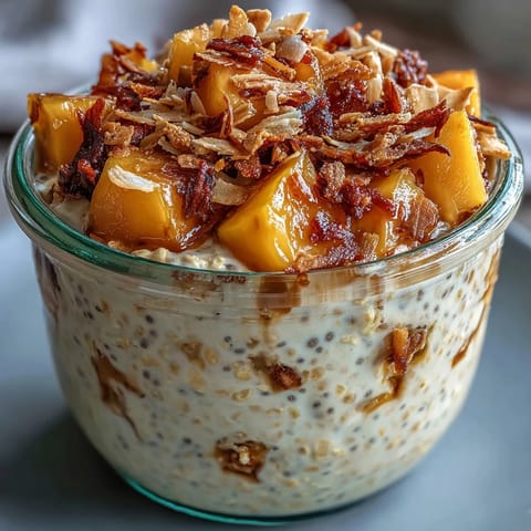 A vibrant mango chia overnight oats jar topped with toasted coconut crunch and fresh mango slices for a tropical vegan breakfast.