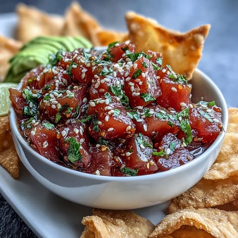 A colorful bowl of spicy tuna tartare with creamy avocado, served with crispy golden wonton chips for a perfect appetizer.