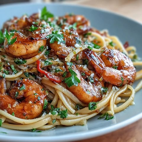 Spicy garlic-chili shrimp sizzle in olive oil, tossed with tender linguine and fresh parsley for a bold Italian-inspired pasta dish.  