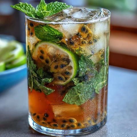 A refreshing passionfruit mojito with muddled mint, lime, and rum served over ice in a highball glass.