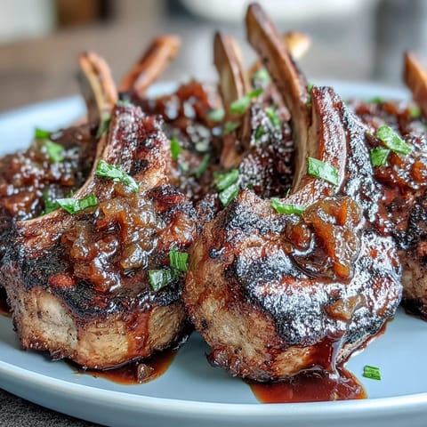 Tender lamb chops with caramelized onion jam glaze, rich flavors and golden sear.  