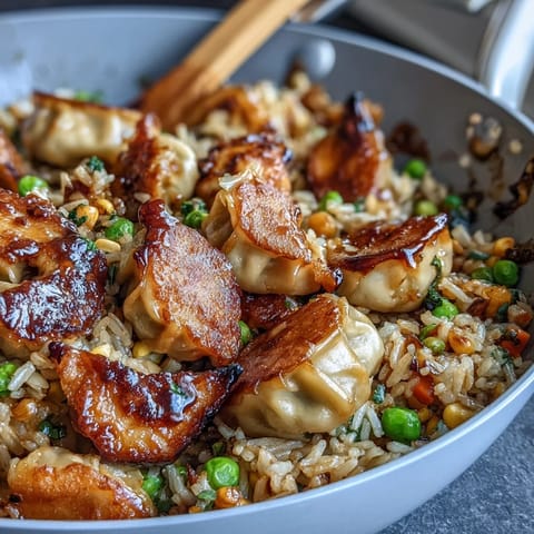 Crispy, golden fried rice mixed with tender dumplings, vibrant peas, carrots, and green onions in a hot skillet.  