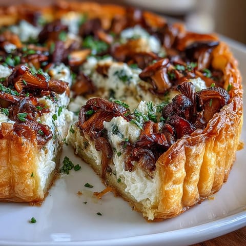 A golden puff pastry tart layered with sautéed wild mushrooms, garlic, and tangy goat cheese, perfect for elegant appetizers.  