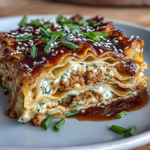 Asian Dumpling Lasagna with Soy Ginger Sauce layered with savory ground meat, crisp vegetables, and gooey cheese in a vibrant fusion dish.