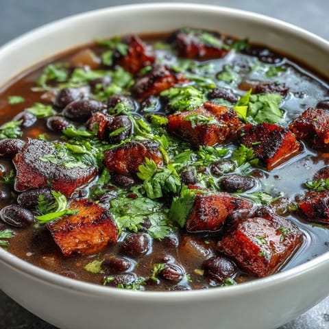 A steaming bowl of ham and black bean soup with fresh lime wedges and chopped cilantro garnish.  