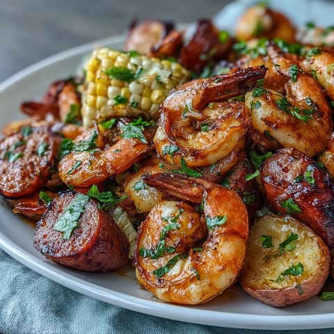 Hearty Southern seafood boil featuring spicy andouille sausage, juicy shrimp, and tender vegetables, all coated in rich Cajun seasoning and butter.  