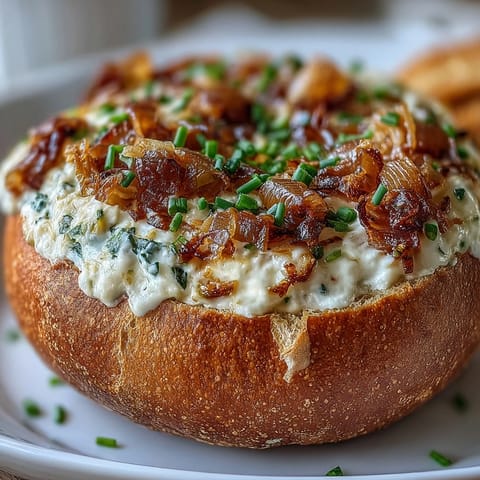 Creamy caramelized onion dip served in a warm sourdough bread bowl, garnished with fresh chives and ready for dipping.  