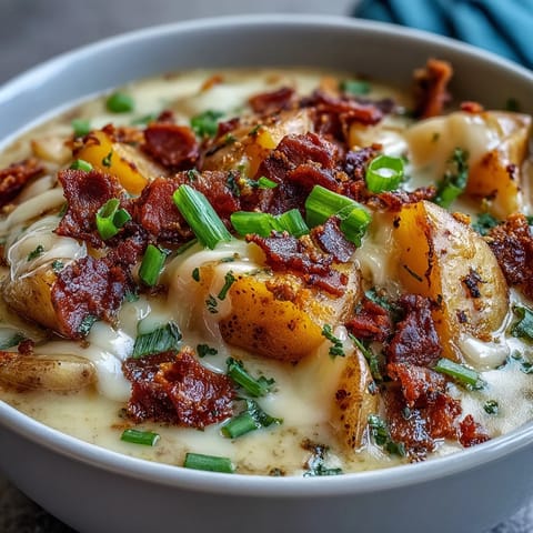 A hearty bowl of loaded baked potato soup featuring Yukon Gold potatoes, cheddar cheese, and smoky bacon bits.  