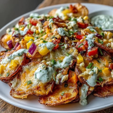 Colorful Rainbow Veggie Irish Nachos with crispy roasted potato rounds, melted cheese, and vibrant fresh toppings, served with creamy Greek yogurt ranch.  