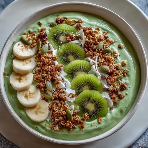 Shamrock Green Smoothie Bowl with Kiwi and Spinach, topped with fresh kiwi slices, banana, granola, and coconut for a vibrant, nutrient-packed breakfast.  
