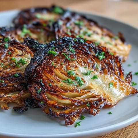 Golden air fryer cabbage steaks crisped to perfection and drizzled with rich garlic butter.  