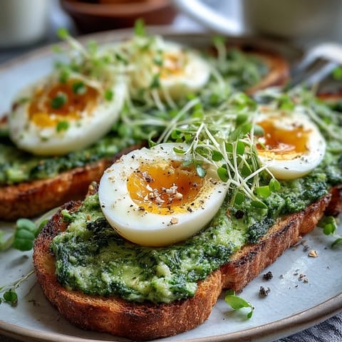 Golden sourdough toast layered with bright green spinach pesto and halved soft-boiled egg, garnished with flaky sea salt and chili flakes.  
