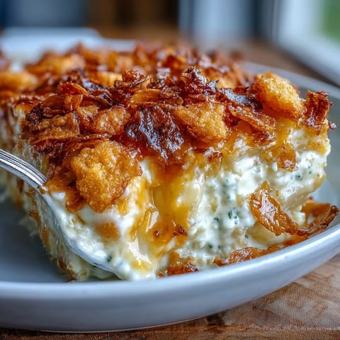 Funeral potatoes casserole with golden crispy cornflake and cheddar crust, bubbling with cheesy potato goodness and crunchy topping.  