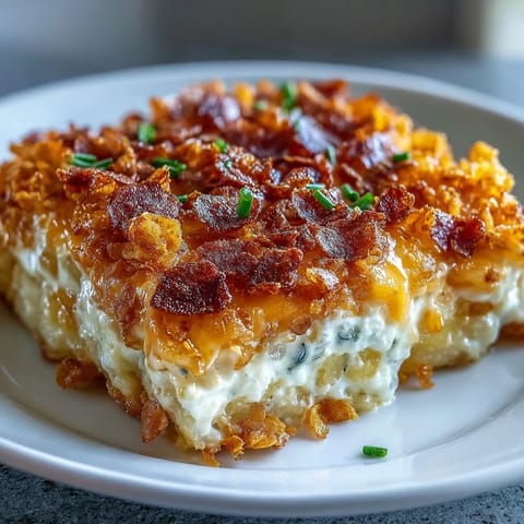 Cheesy hash brown casserole topped with a golden, crunchy cornflake and cheddar crust, perfect for comforting family gatherings or potlucks.  