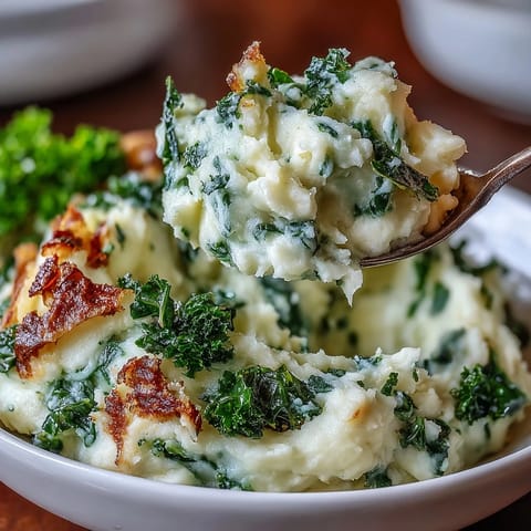Creamy mashed potatoes with sautéed leeks, topped with golden crispy kale for a modern Irish comfort food twist.