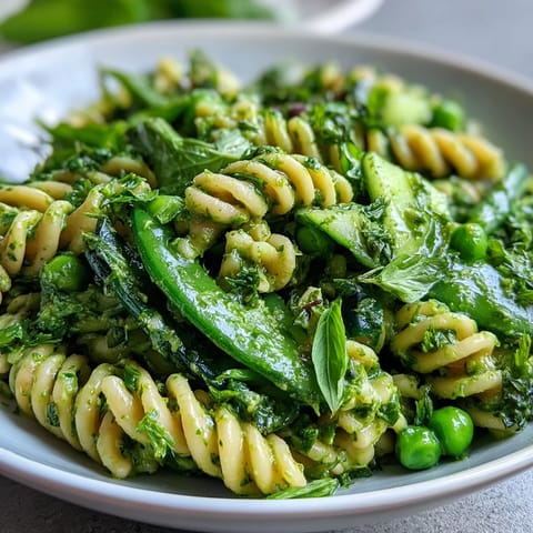 A vibrant Spring Green Goddess Pasta Salad with peas, herbs, and creamy avocado in a bright green dressing.
